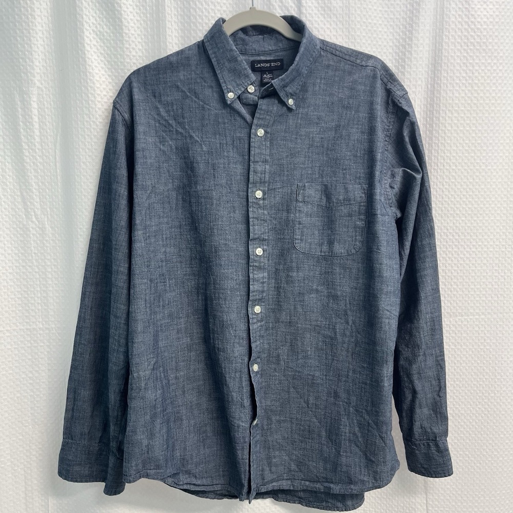 Lands End Men's Blue Chambray Denim Button Down Shirt Large Classic Preppy